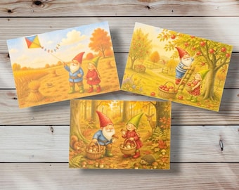 Set di cartoline autunnali con gnomi: 3 biglietti d'auguri illustrati con cura.