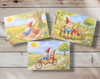 Set di cartoline estive con gnomi: 3 biglietti d'auguri illustrati con cura.