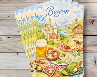 Cartolina d'epoca della Baviera: illustrazione ad acquerello con Alpi, castello, pretzel e birra.