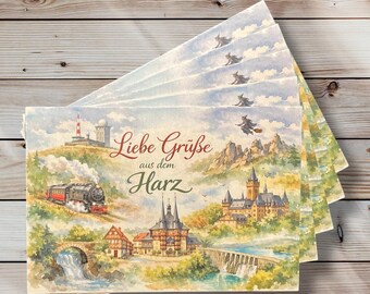 Cartolina "Saluti dalle montagne dell'Harz" - Cartolina nostalgica in stile acquerello
