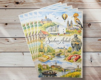 Cartolina d'epoca della Sassonia-Anhalt: illustrazione ad acquerello con Bauhaus, cattedrale, fiume Saale e motivi regionali.