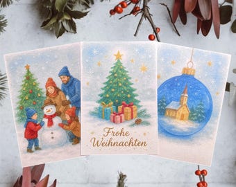 Set di 3 cartoline di Natale - illustrazione ad acquerello