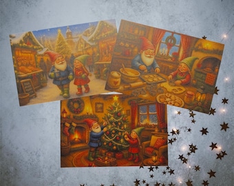 Set di biglietti di Natale con gnomi | Set di 3 biglietti di Natale | Natale con gnomi | Cartoline invernali | Auguri di Natale | Postcrossing