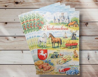 Cartolina d'epoca della Bassa Sassonia: illustrazione ad acquerello con cavalli, mulino a vento e asparagi.