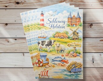 Cartolina d'epoca dello Schleswig-Holstein: illustrazione ad acquerello con faro, Holsten Gate e specialità regionali.