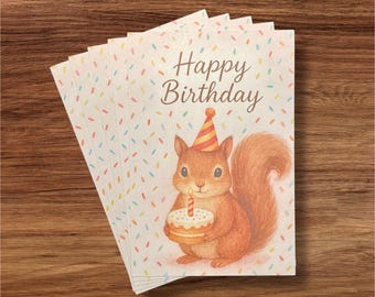 Grazioso biglietto di auguri di compleanno con scoiattolo e torta