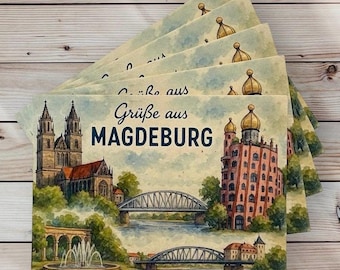 Postcard “Greetings from Magdeburg” – Watercolor cityscape in a charming retro style