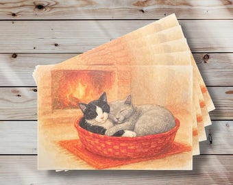 Cartolina con gatto accogliente - cartolina in stile acquerello