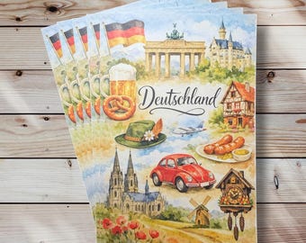 Cartolina della Germania: paesaggio urbano ad acquerello in un affascinante stile retrò.
