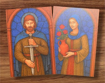 Cavaliere e fanciulla rosa - Set di cartoline medievali in stile vetrata