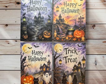 Set di 4 cartoline di Halloween | Cartoline spettrali di Halloween | Buon Halloween | Cartoline ad acquerello | Decorazioni di Halloween e Postcrossing
