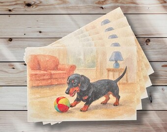 Bassotto giocoso con palla - cartolina in stile acquerello