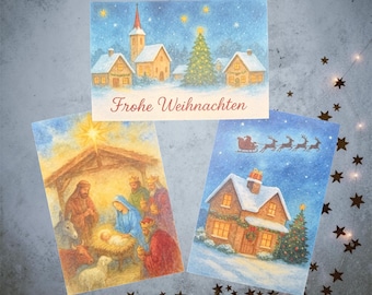 Set di 3 cartoline di Natale | Cartoline di Natale ad acquerello | Biglietti d'auguri invernali | Cartoline di Natale da inviare | Postcrossing
