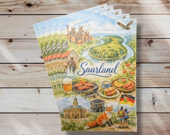 Cartolina d'epoca della Saarland: illustrazione ad acquerello raffigurante il circuito della Saar, le acciaierie e le delizie culinarie.