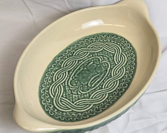 Longaberger Lt Ivy Oval Bäckerform Creme Grün Kaninchen Keltisch Geflochten 13 "Vintage