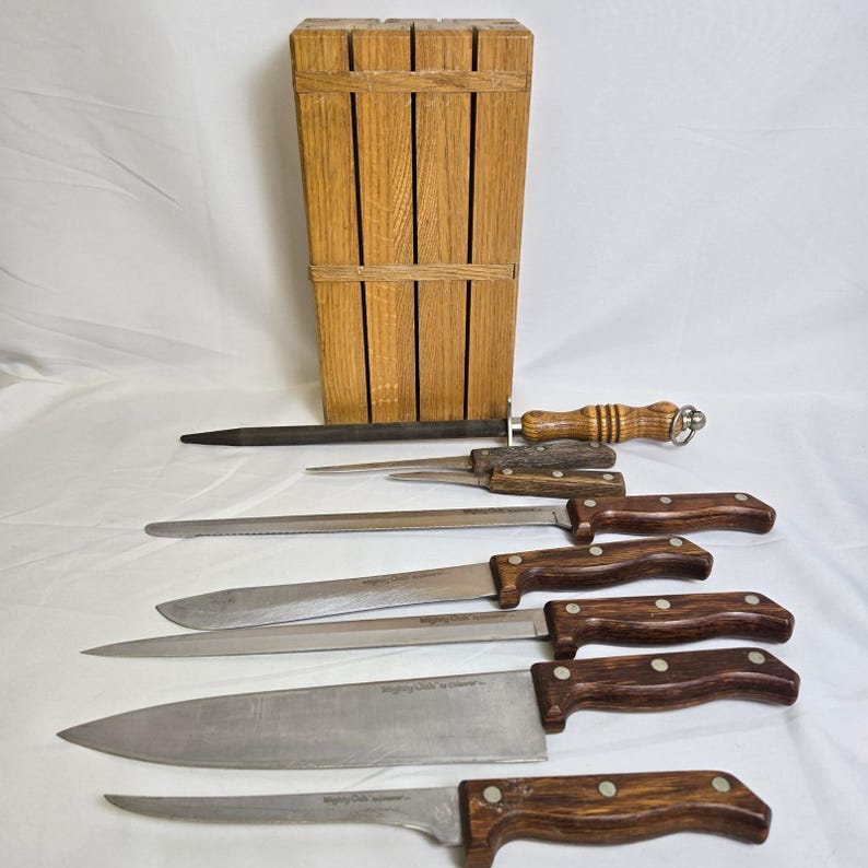 Mighty Oak by Imperial USA 7 Piece Knife Set & Sharpener With Wooden Block Vtg image 1