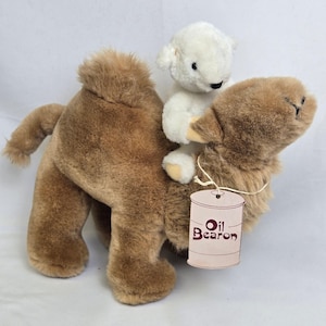 NA Bear Co 1985 Oso de aceite Bearon Camello y 1982 Oso de peluche portador de mensaje, juego vintage