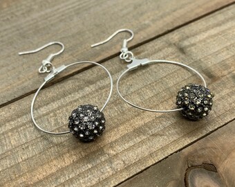 Black pave silver circle dangle Earrings,  gunmetal and black crystal Pave earrings, disco ball earrings, silver plated circle earrings