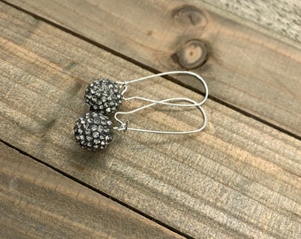 Gunmetal grey and clear crystal Dangle Earrings, Pave earrings, disco ball earrings, large fishhook earrings