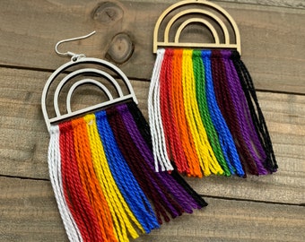 Macrame Rainbow Pride Earrings, Rainbows, Wood, Super Light