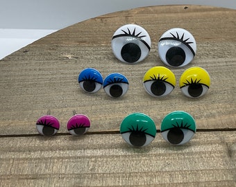 Googly eye earrings, studs, unique earrings, eyelash googly eye earrings.