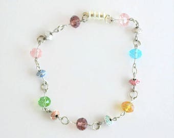 Glass bead bracelet, glass rondelles, silver spacers, link bracelet, spring colours
