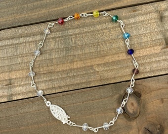 Glass bead rainbow bracelet, glass rondelles, silver spacers, link bracelet, pride jewelery