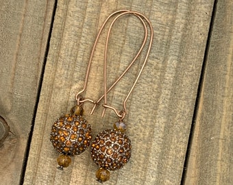 Copper coloured metal and brown crystal Dangle Earrings, Pave earrings, disco ball earrings, large fishhook earrings