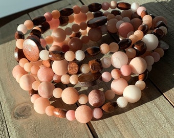 Natural agate and wood beaded stretch bracelets. Set of 5 xl plus size bracelets.