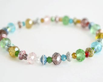 Glass bead stretch bracelet, glass rondelles, silver spacers, stretch bracelet, spring colours