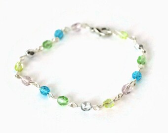 Small Crystal Bracelet, Delicate Beaded Bracelet, Light coloured blue, yellow, green, grey bracelet