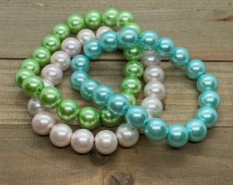 Stretchy Pearl Bracelet Set, Green pearl, Blue Pearl, Blush Pearl stretch bracelets