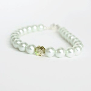 Lucky Charm Bracelet, Bridal Bracelet, White Pearl Bracelet, Swarovski Clover, Good Luck Charm image 1