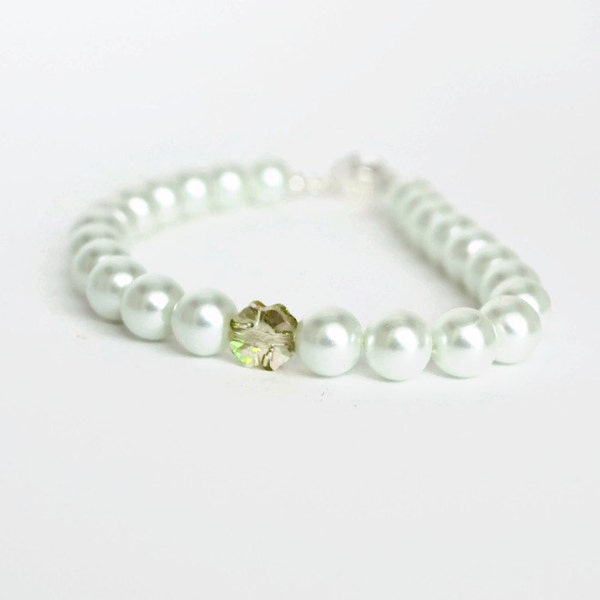 Lucky Charm Bracelet, Bridal Bracelet, White Pearl Bracelet, Swarovski Clover, Good Luck Charm