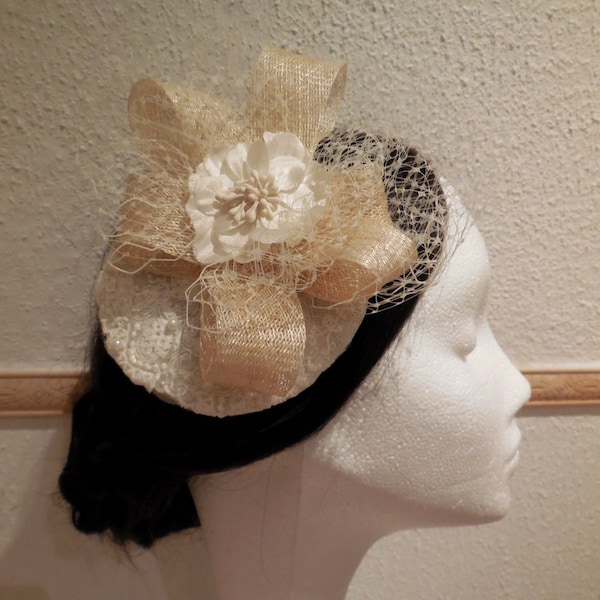 Ivory & Light Champagne Floral beads Lace Sinamay bridal Fascinator Hair Comb is for sale. Perfect for weddings or parties.