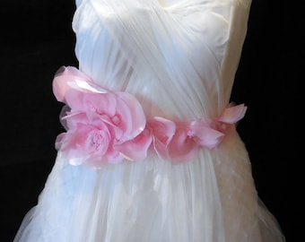 A Baby Pink Chiffon & Organza floral bridal wedding gown ribbon sash belt is for sale.Perfect for weddings and parties.