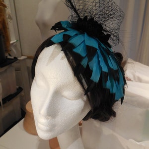 Lagoon blue & black tones feathers Sinamay Fascinator Headpiece / floral cocktail fascinator hat is for sale