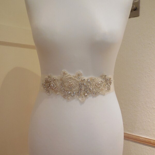 Ivory Vintage Style Jeweled rhinestones floral bridal ribbon sash belt is for sale. Perfect  for weddings.