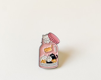 Cat anti-depressant pill bottle. Enamel pin