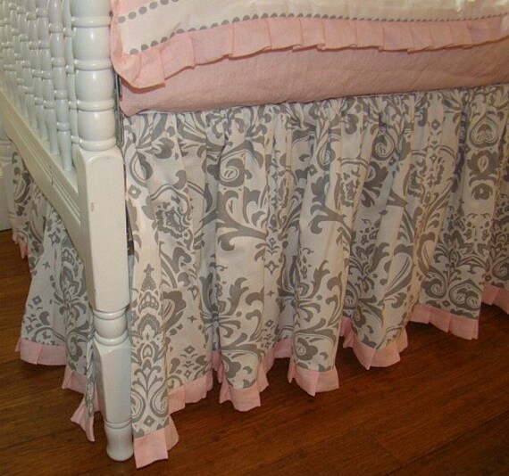 Items similar to Pink and Grey Gathered Crib Skirt Baby Bedding on Etsy