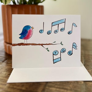 Cartão de agradecimento/Aquarela alegre de pássaro azul para dizer "Obrigado"/Cartão pintado à mão com envelope
