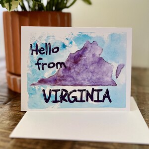 Olá da Virgínia Cartão/Aquarela para dizer 'Oi'/Cartão pintado à mão com envelope/Arte do estado da Virgínia