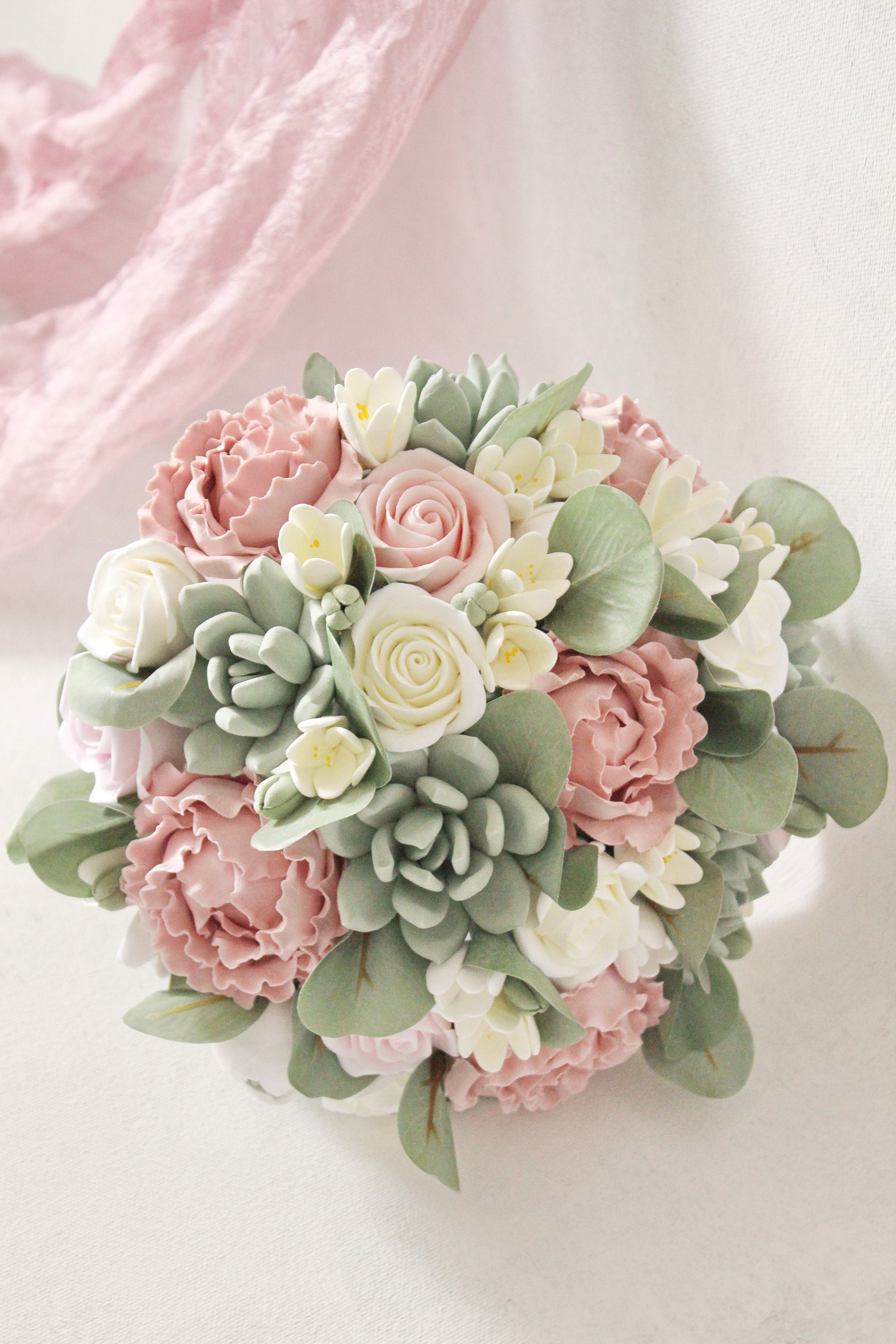 Peonies Succulent Bouquet; Pink Ivory Green Wedding Bouquet; Silk Wedding Flowers with Roses Succulent; Bridal Bouquet Pastel Colors