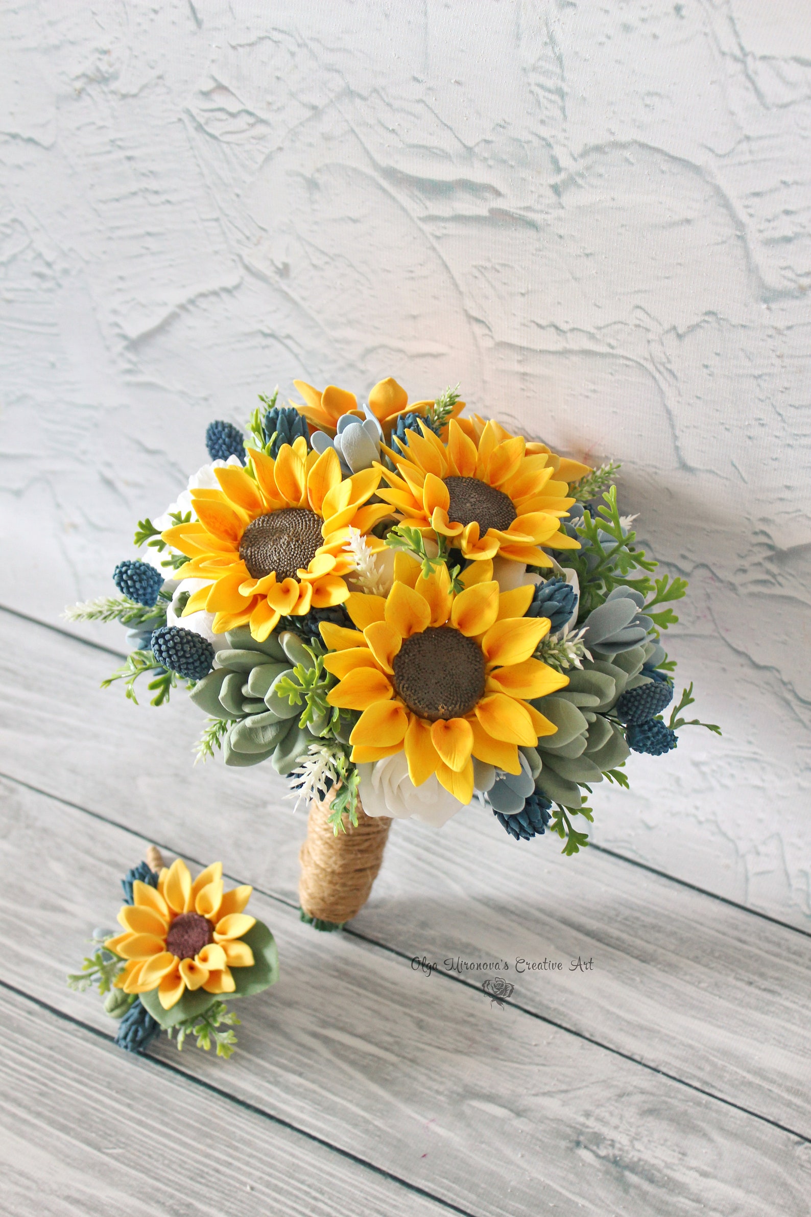 Sunflower bridal bouquet Yellow blue bouquet Dusty blue Etsy