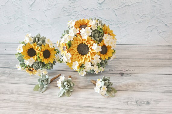Sunflower Cherry Blossom Bridal Bouquet Yellow Wedding Etsy