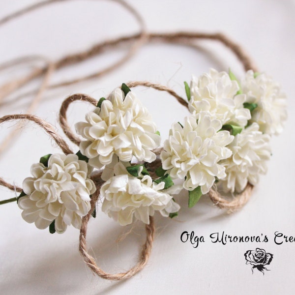 White Paper Rose Flower Girl Crown Floral Headband Bridal Headpiece, Head Wreath, Wedding Hair Garland Hairband, Rustic, Boho