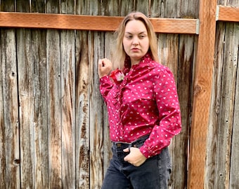 Vintage 1970s Red Geometric Print Blouse • Secretary Style
