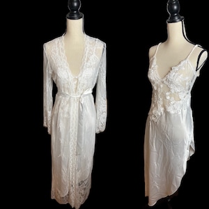 VTG JONQUIL By Diane Samandi Bridal White Satin, Lace, Chiffon Pleated Nylon Long/Tall Nightgown & Robe SZ Medium Large