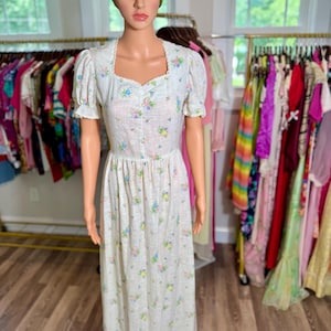 Vintage 1970s Pastel Floral Prairie Maxi Dress Dead Stock Floral Pastel Colors Puff Sleeves Yellow Pink Blue Flowers Size XS