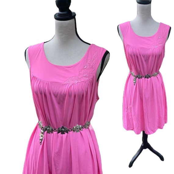 Vintage Hot Pink Barbie Lace Slip • Silky Pink Sl… - image 1